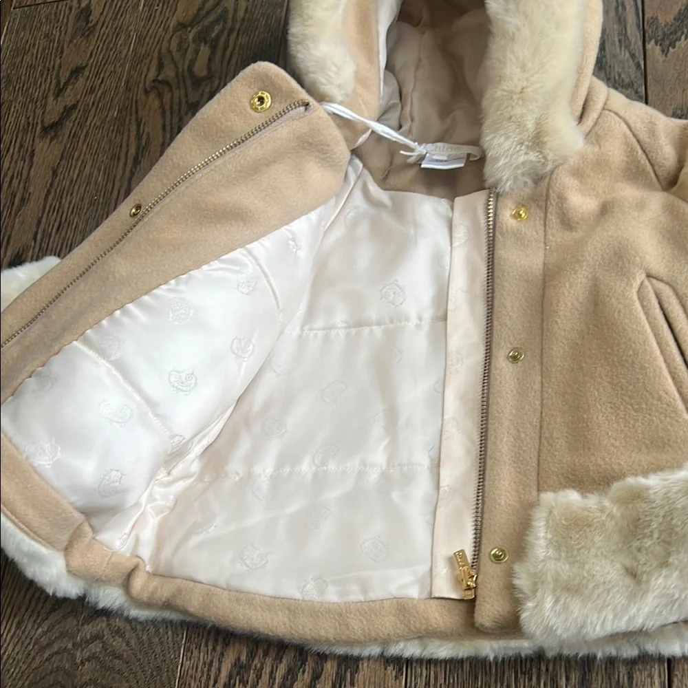 Chloé Tan Coat with Faux Fur Trim 9 months baby Authentic nwt